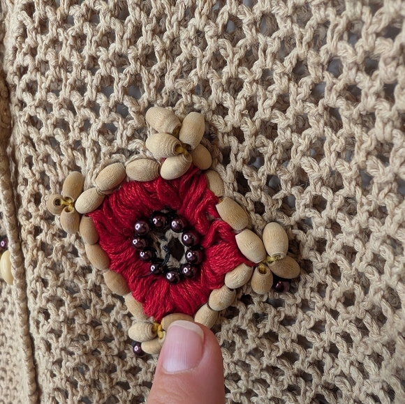 Vintage Medium Beaded Macrame Tan Beige Button Front V-neck Women's Vest *FLAWS - Picture 9 of 12